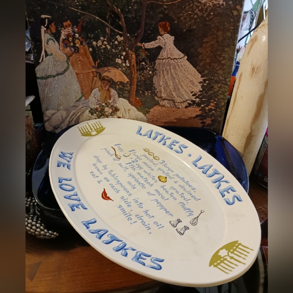 Ceramic Latkes Vintage Platter Blue White 10.5"×16",We Love Latkes&Recipe 🇮🇱